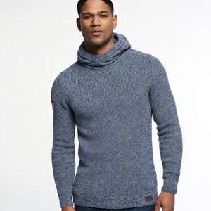 Superdry Stealth Waffle Knit Hoodie Men's Blue Funnel Neck Sweater Size M